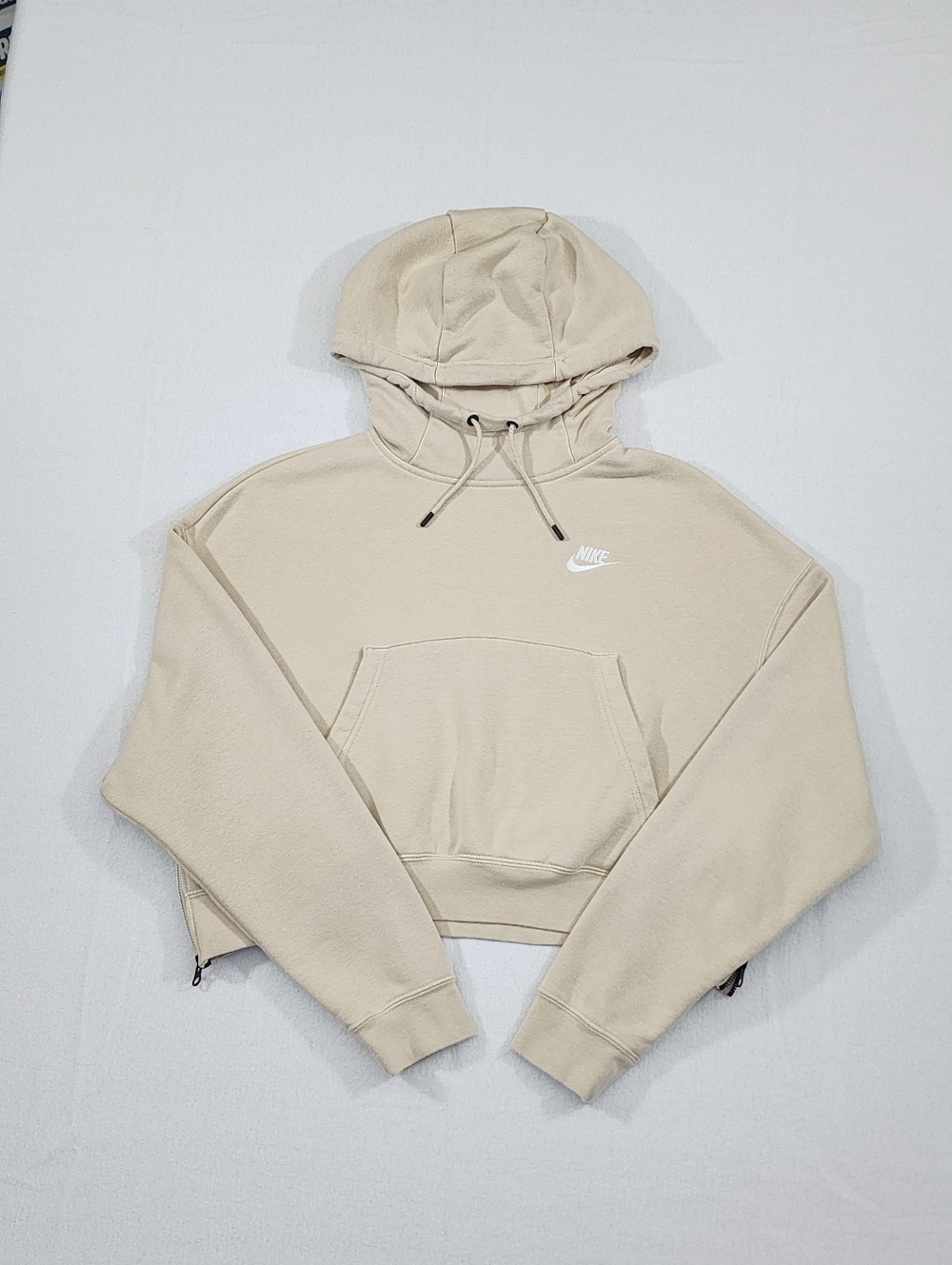 Nike Tech Fleece Cropped Hoodie Beige Cream Medium Zip Hem - Picture 2 of 12